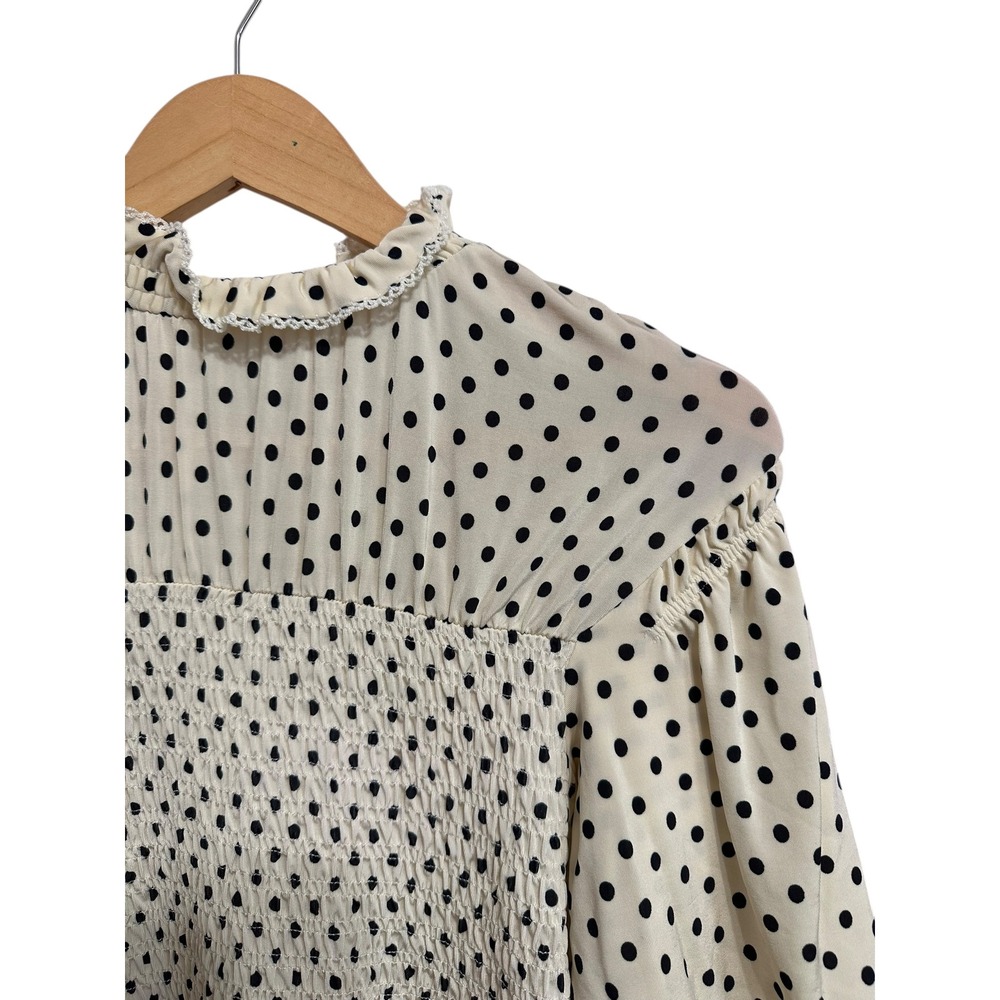 Sandro Racine smocked Polka Dot ecru black Mock Neck Puff Sleeve Blouse size 2 - Picture 2 of 5